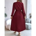 thumbnail image 3 of Women Fall Long Sleeve Dress Casual V Neck Pleated A Line Wine Red M, 3 of 5