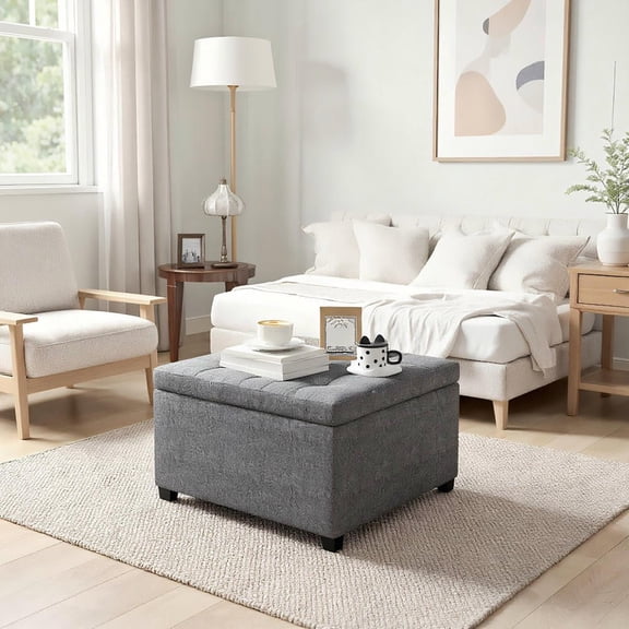 Resenkos Round Storage Ottoman Bench with Flip Top, Gray