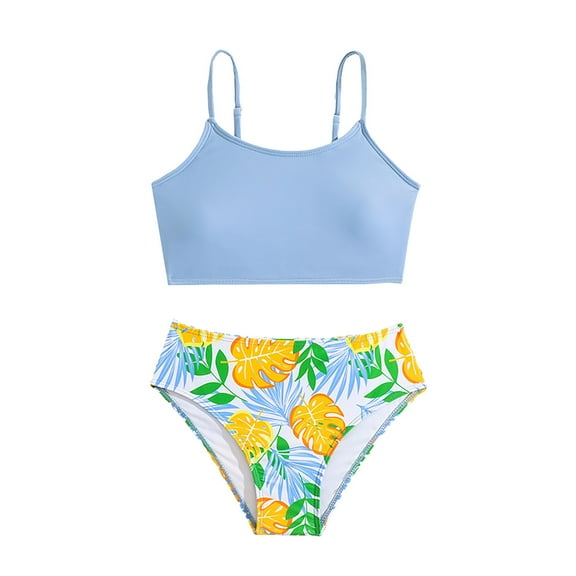 Otqutp Tween Girls Floral Print Tankini Two Piece Swimming Quick-Dry Kids High Waist Bikini Rash Guard Adjustable Straps Plain Beach Swimwear