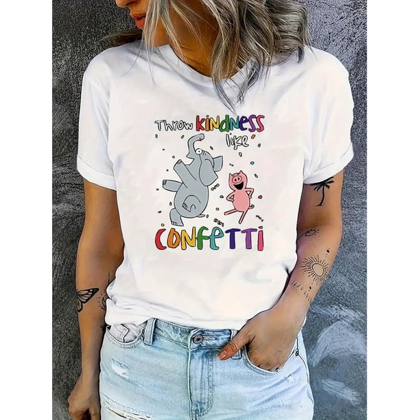 1pc Women'S Casual Crew Neck T-Shirt with Colorful Elephant and Pig Print, Polyester Knit Fabric with Medium Stretch, All-Season Fashion Top
