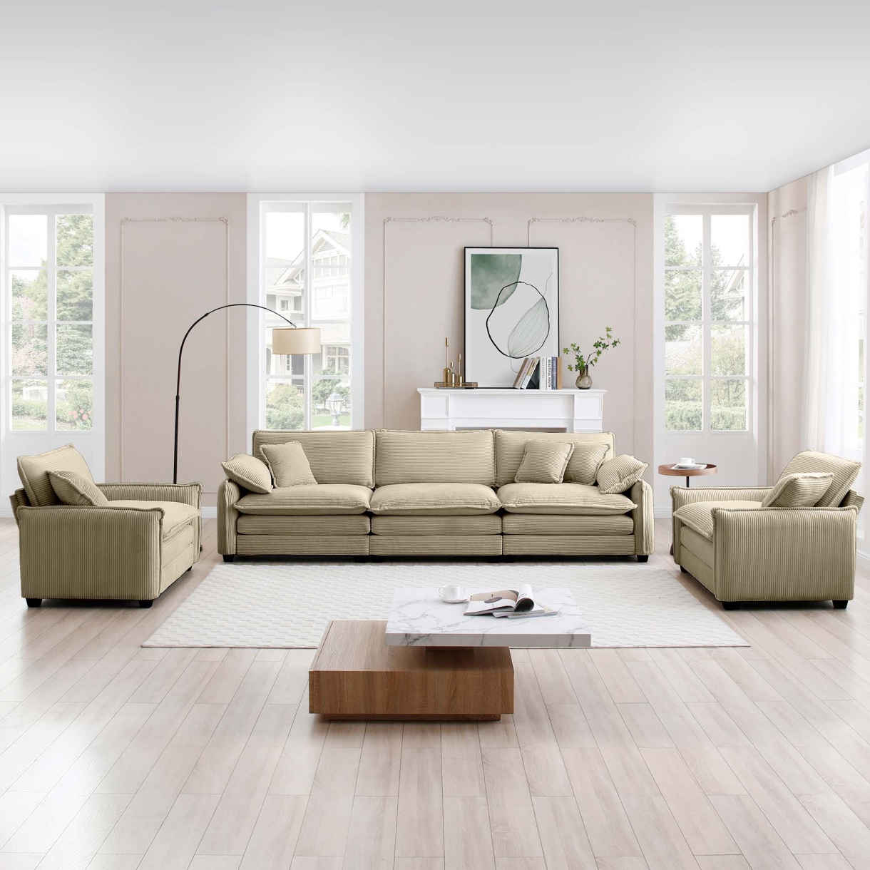 Mid-Century Modern 3-Piece Sofa, Home Theater Style Sofa Set, 3-Seater Sofa and 2 Single Seat Sofa, Living Room Corduroy Combination Sofa With Pillows, for Apartment, Office, Living Space, Tan