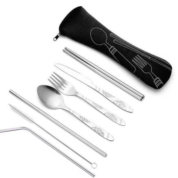 XmhyTop Juego de 7 cubiertos de viaje de acero inoxidable portátil para llevar a cualquier parte (negro)