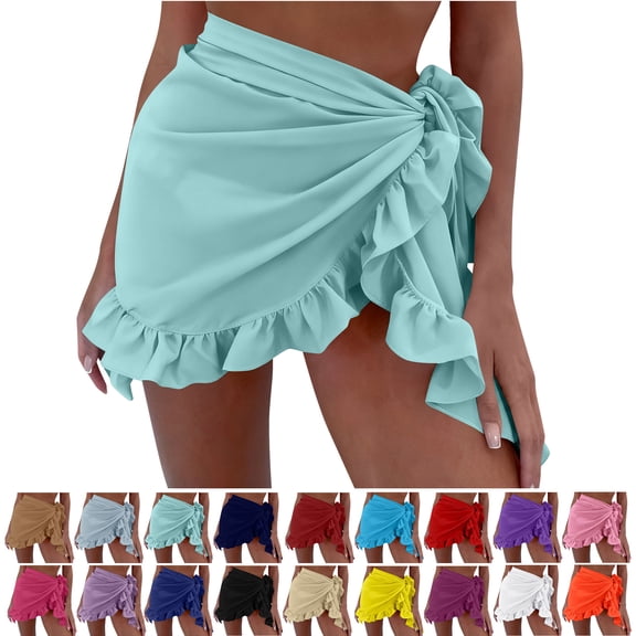 Chiffon Coverups for Women Solid-Color Summer Beach Bikini Cover Up Mini Skirt with Ruffles, Size Free Size