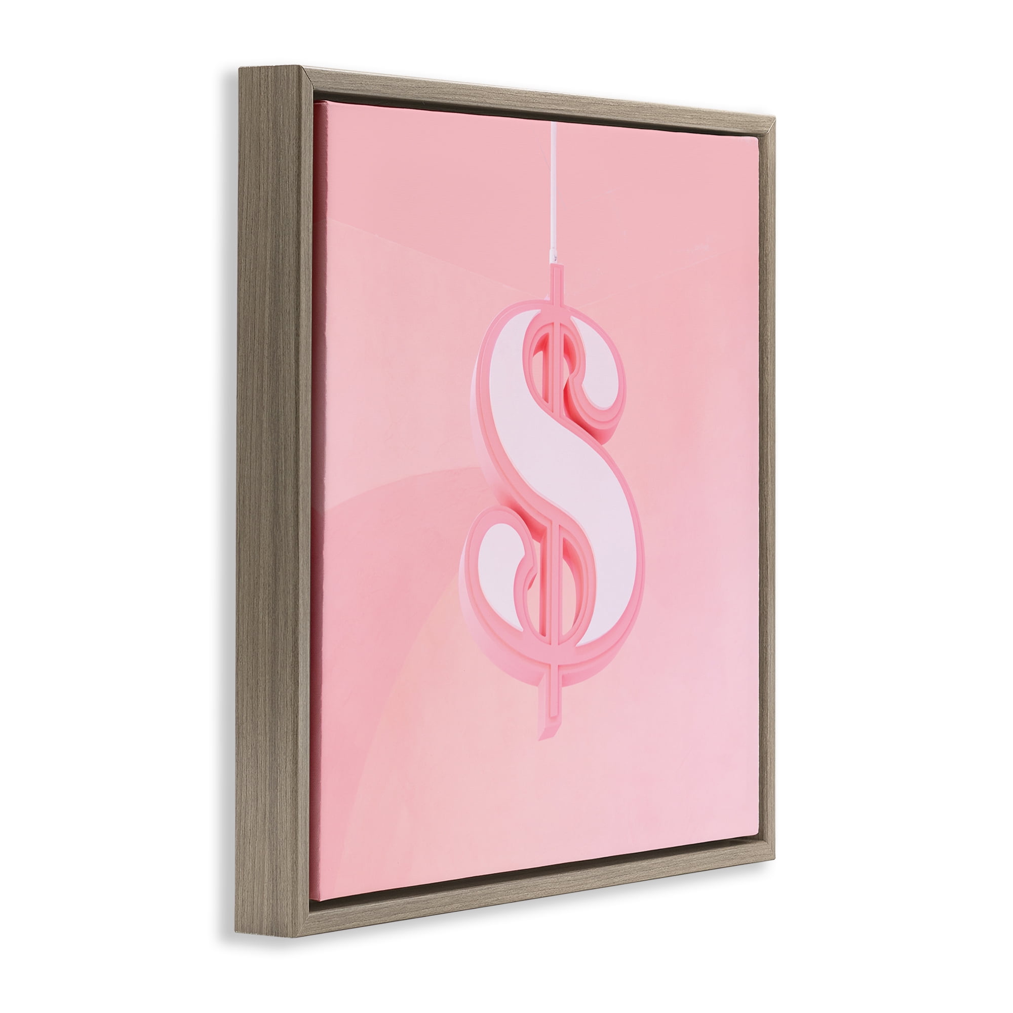 Pink Pastel Dollar Sign Brown Framed Floater Canvas Wall Art, design by LISH Creative