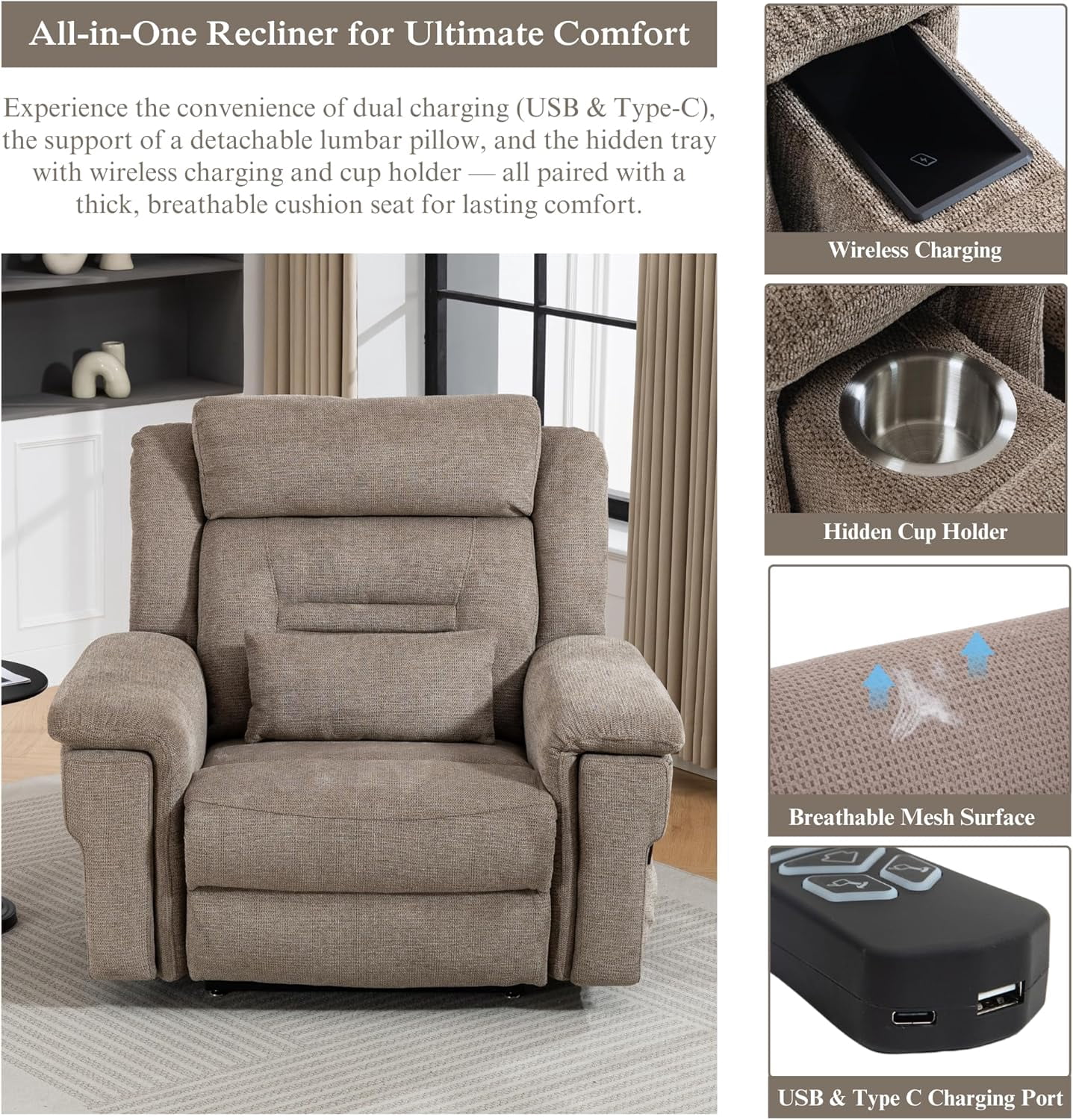 Power Lift Recliner for Elderly 28 Inch Wide Seat, Lay Flat Lift Chair with Heat Massage, Cup Holder & Wireless Phone Charger, USB Type C Charging, Big Tall 400 lbs