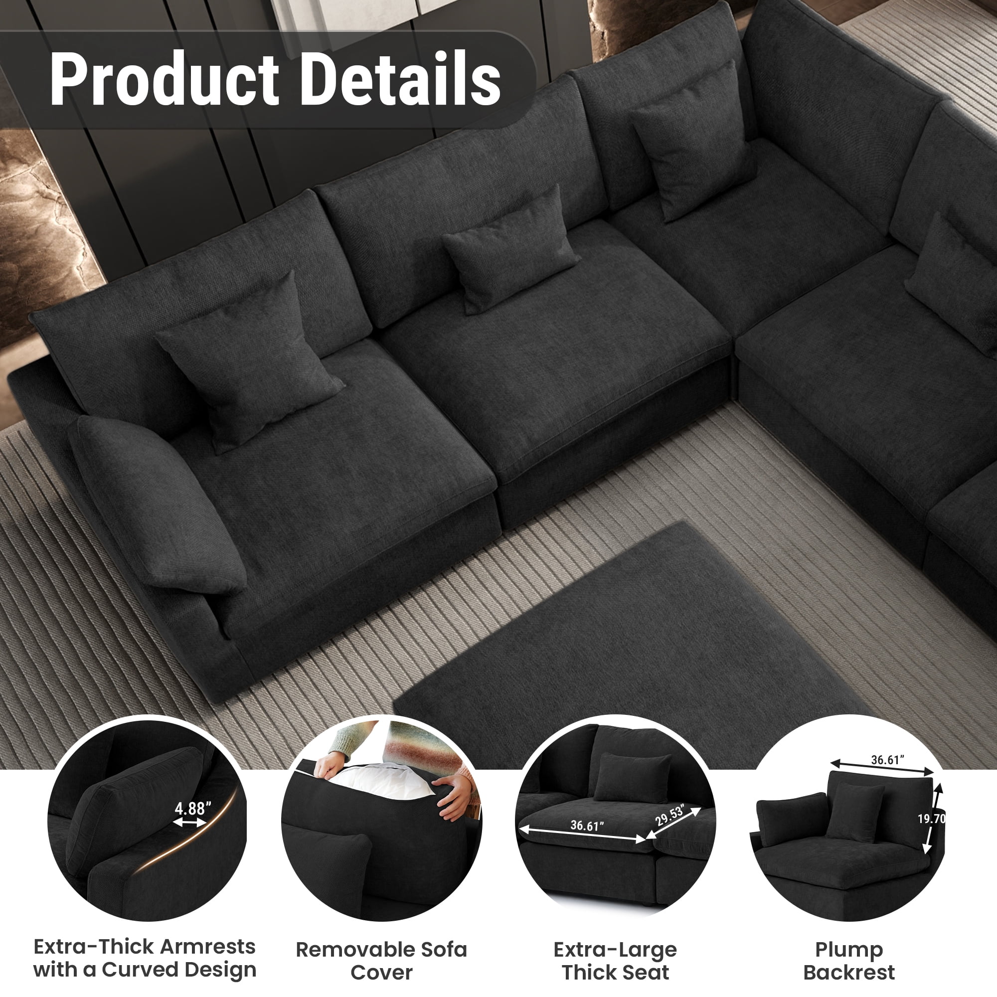 120" Cloud Couch Sectional for Living Room, Down Filled Convertible L Shape Couch with Ottoman,Black