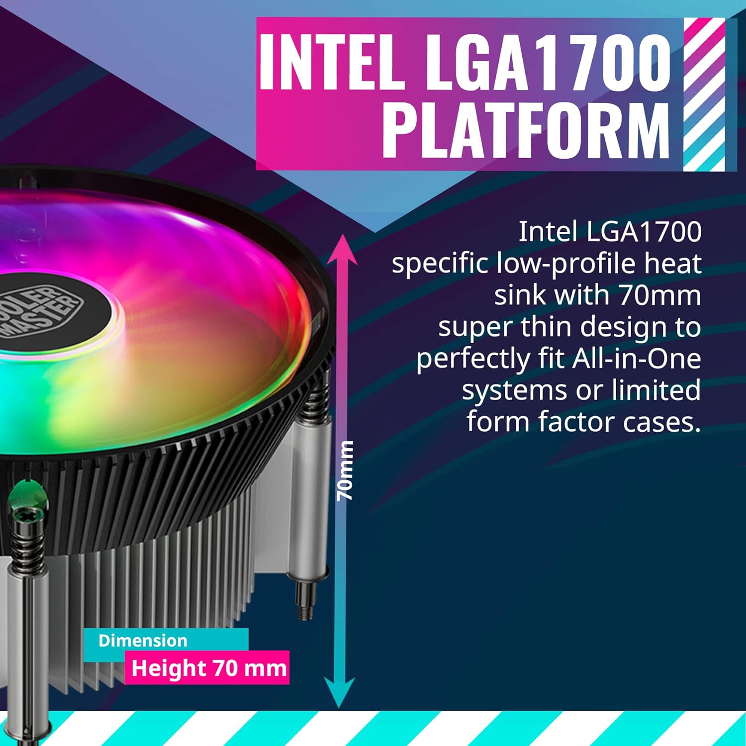 i70C ARGB Low Profile CPU Air Cooler for Intel LGA 1700 / 1851 Only – 120mm PWM ARGB Fan, 95W TDP, Copper Core Base, Black Aluminum Heatsink