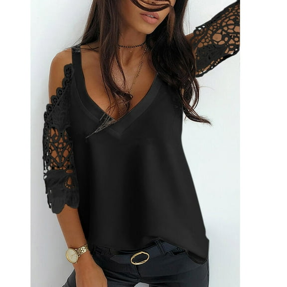 USSUMA Womens Tank Tops Fashion Short Sleeve Blouse Loose V-Neck Off Shoulder Patchwork Tops Leisure Summer Saving Black Polyester S