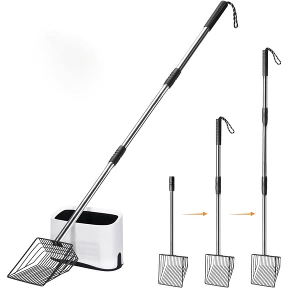 43" Extendable Cat Litter Scoop with Holder - Heavy Duty Metal Pooper Scooper, 3 Adjustable Lengths (21"/33"/43"), 7mm Sifting Grate, No-Bend Cleaning for Elderly/Multi-Cat Homes