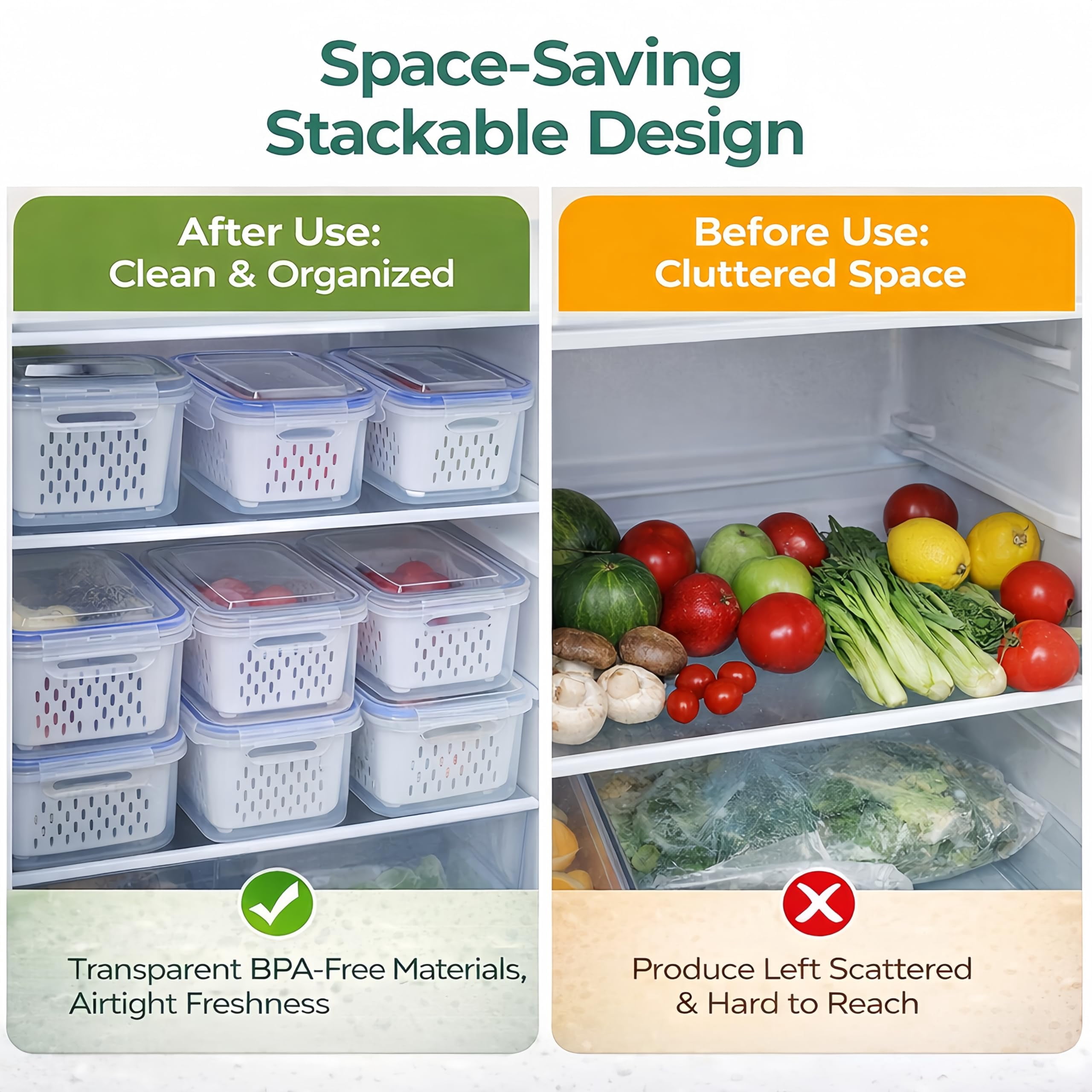 Fruit Storage Containers for Fridge, 4 in 1 Food Storage Container with Removable Colander, Airtight Produce Saver, Stackable Fridge Organizer for Wash, Drain & Store
