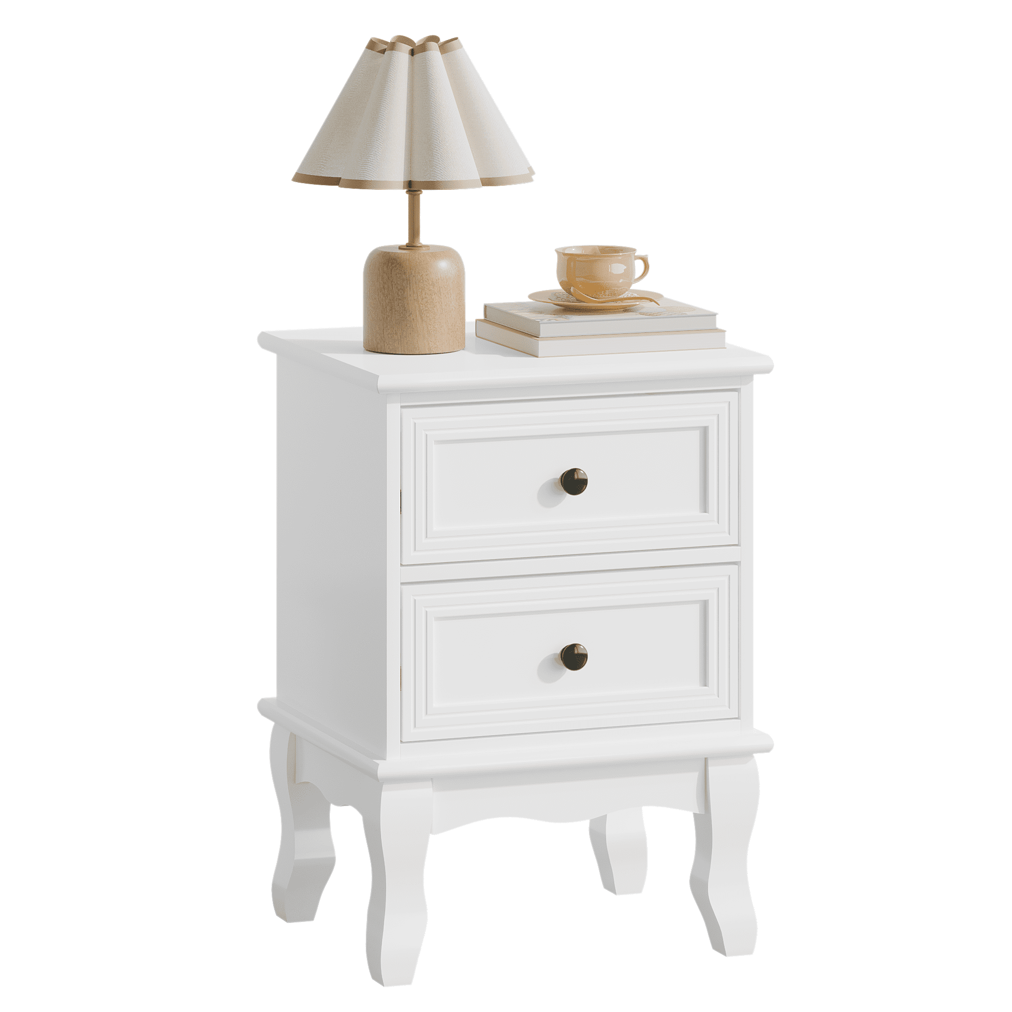 Modern White Nightstand with 2 Drawers, French Country Bedside Table with Elegant Carved Legs, Small End Table for Bedroom, Living Room, or Guest Room