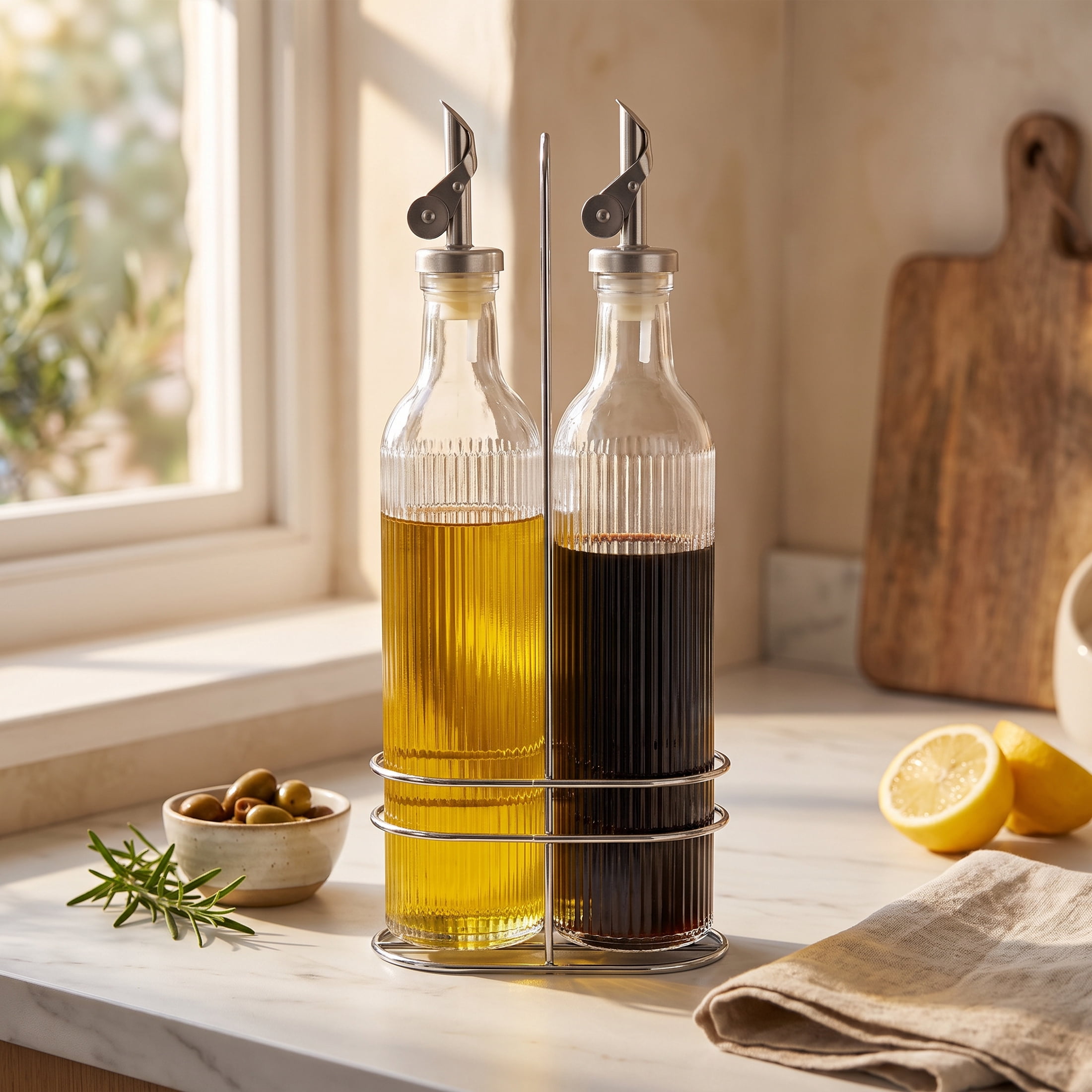 Cook with Color Drip-Free Glass Oil & Vinegar Dispenser Set with Storage Rack