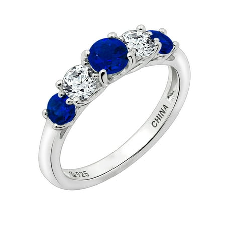 Gemour Platinum Plated Sterling Silver Created Sapphire Graduated Ring with Swarovski Zirconia Accents, Size 8