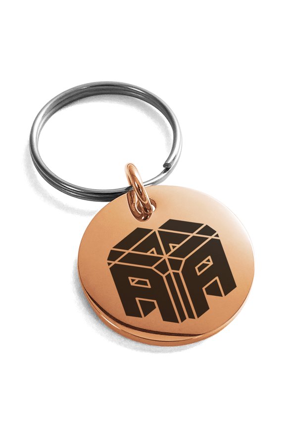 Stainless Steel Letter A Initial 3D Cube Box Monogram Engraved Small Medallion Circle Charm Keychain Keyring