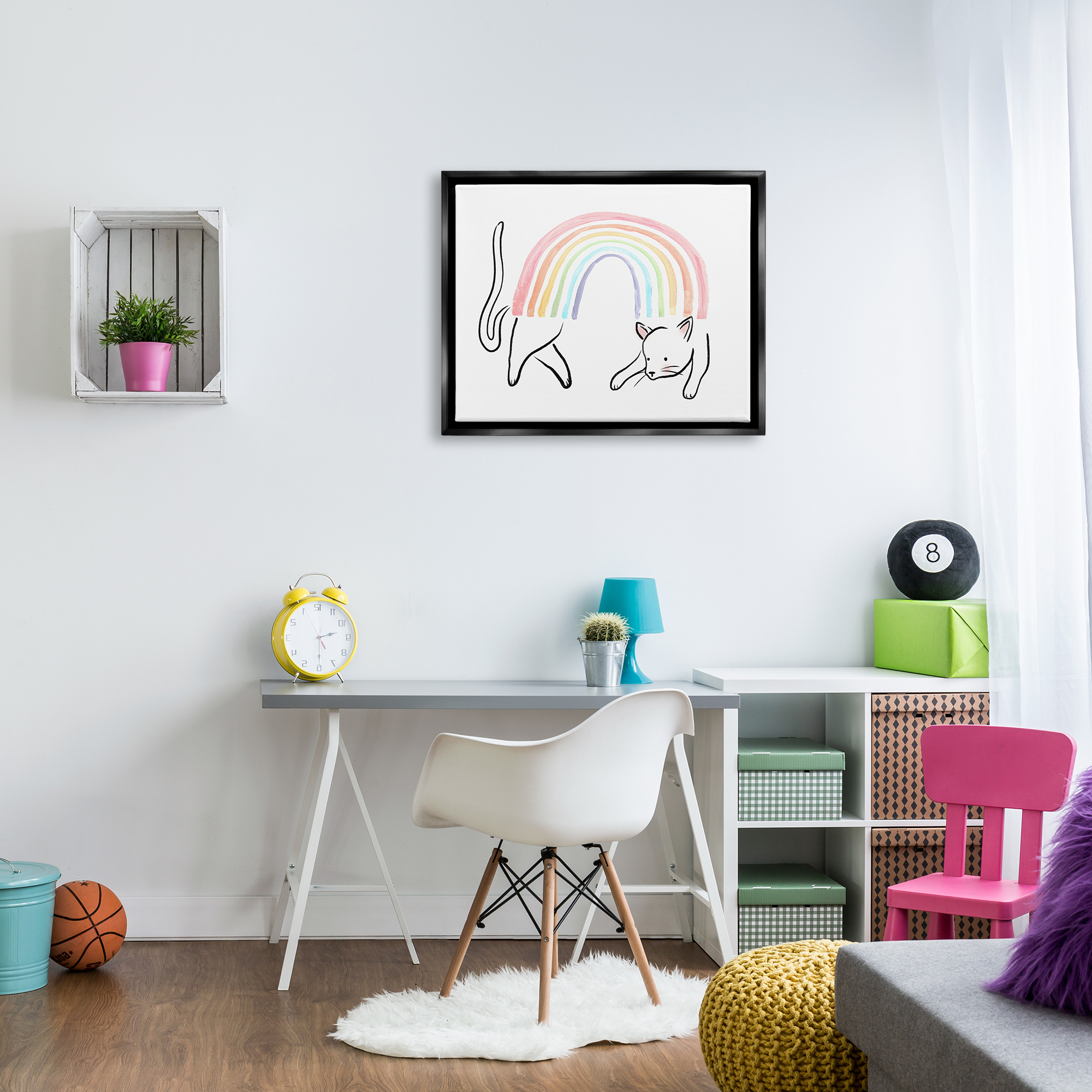 Stupell Industries Cat Rainbow Fun Pet Animal Animals & Insects Painting Black Floater Framed Art Print Wall Art
