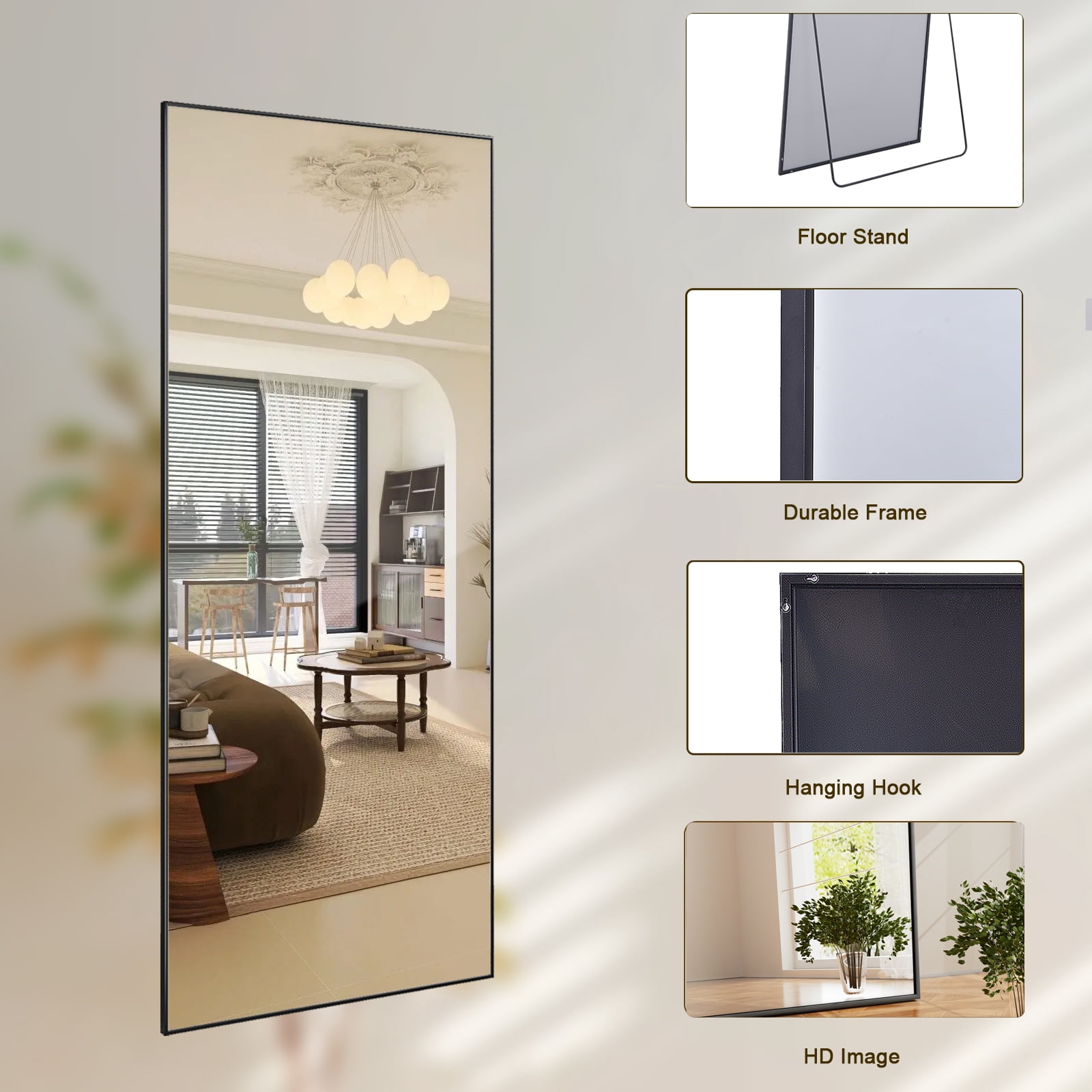 AUROMIR 16"x59" Rectangular Full Length Mirror Full Body Standing Mirror with Metal Frame, Black