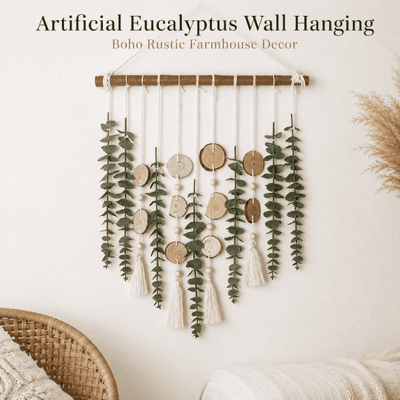 Artificial Eucalyptus Wall Hanging, Fake Greenery Leaves with 16.5 Inch Wooden Stick, Boho Rustic Farmhouse Decor for Bedroom Kitchen Dining Room Bathroom