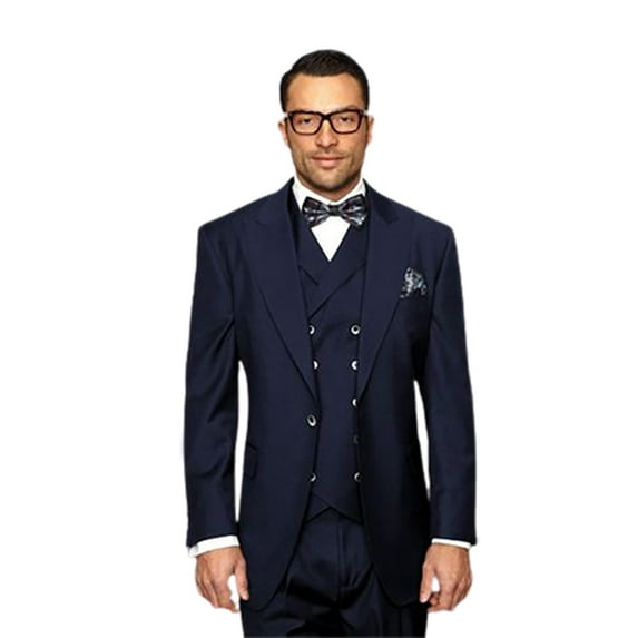 Statement 100% Wool Wide Leg Navy 3 Piece Suit Florence By Alberto Nardoni Brand Designer