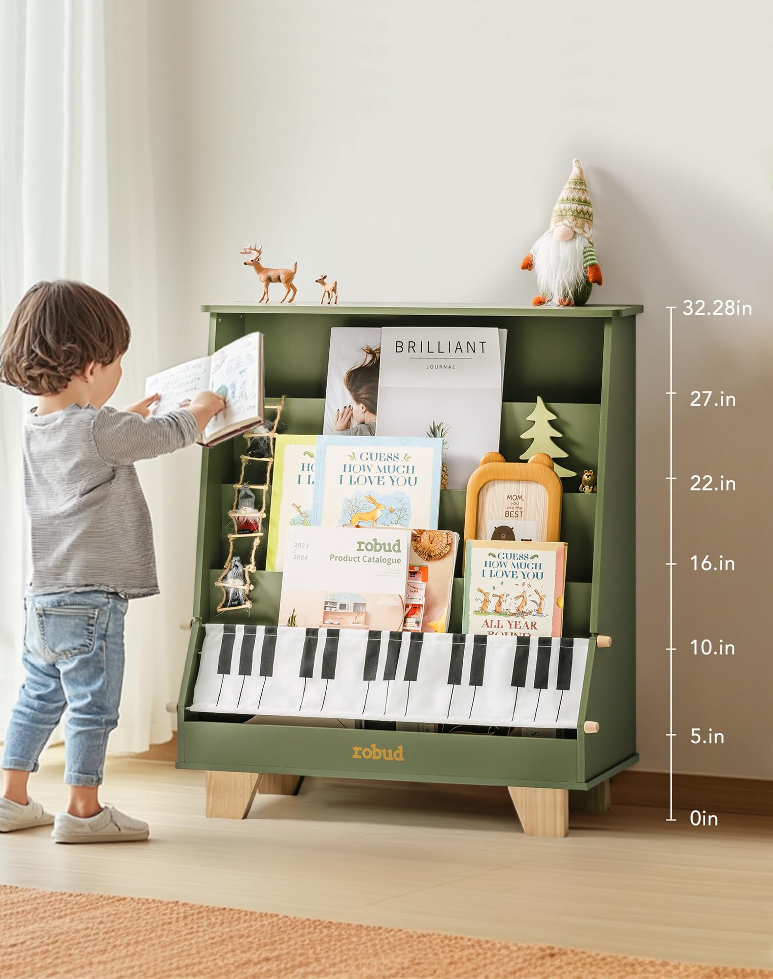 Robud Kids Bookshelf, Wooden Book Shelf with Stability & Sturdiness, 5-Tier Montessori Bookshelf for Kids with Ideal Size, Book Shelf for Kids Rooms, Nursery, Playrooms,Green