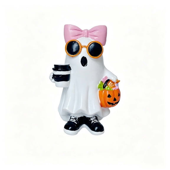 2026 Halloween Indooor Decoration Bow Ghost Figurine Halloween Resin Ghost Statue With Sunglasses And Pumpkin Bucket Cute Spooky Decor For Home Desk Shelf Halloween Party Gift