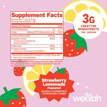 Wellah Creatine for Women (100 Servings, Strawberry Lemonade) - Creatine Monohydrate with Dandelion & Cranberry Extract