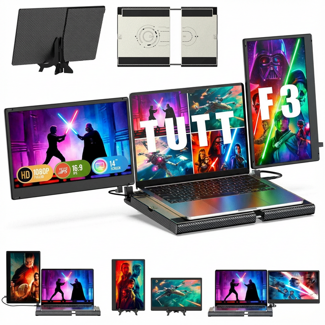 TUTT Moniteur Portable 14 Pieds' / Base pour Ordinateur Portable / Support à Rotation à 360°, Multi-Positions / Haut-Parleur Intégré F3 / Compatible avec Tous les Appareils (Câble Convertisseur H5 Inclus)