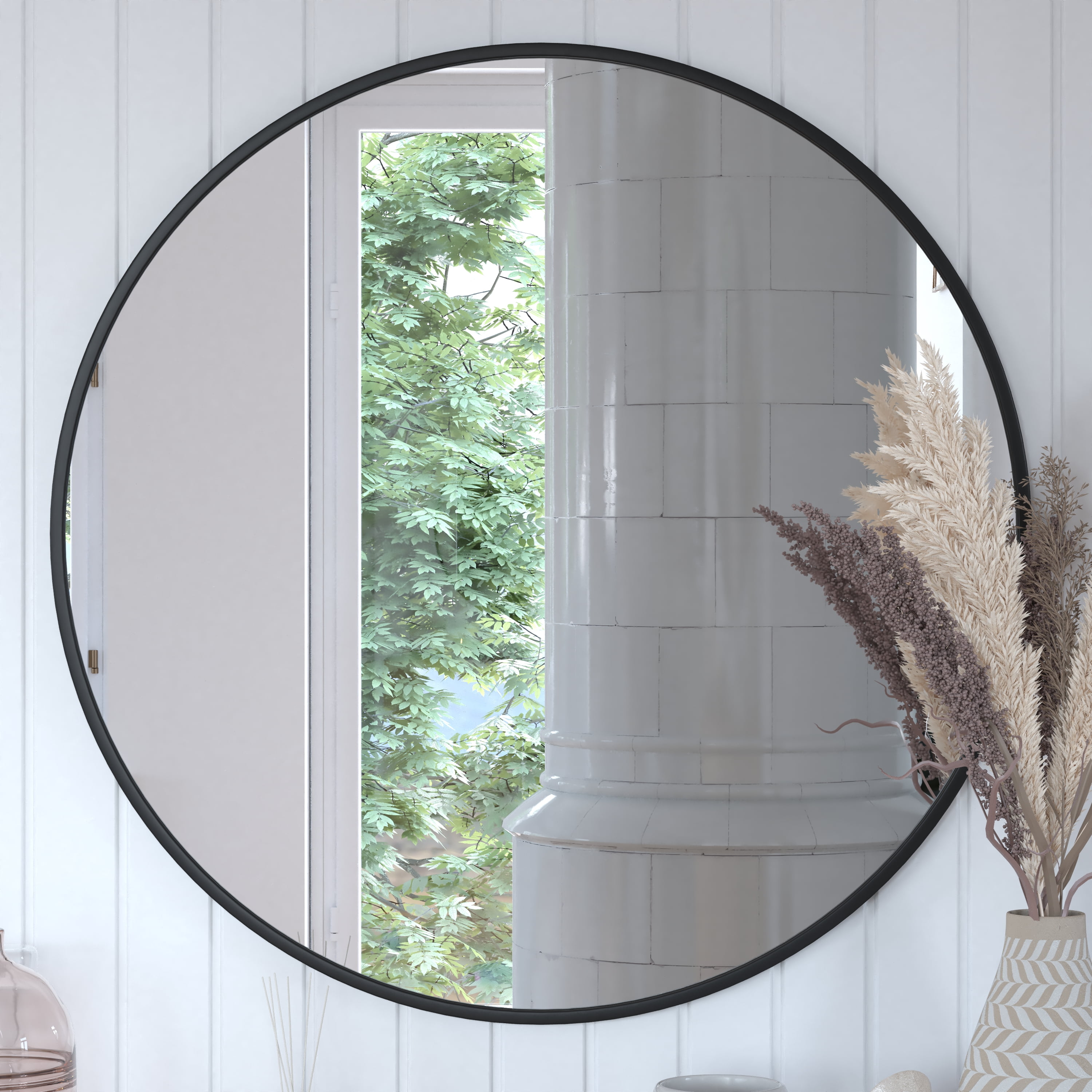Flash Furniture Julianne 36" Round Black Metal Framed Wall Mirror - Large Accent Mirror for Bathroom, Vanity, Entryway, Dining Room, & Living Room