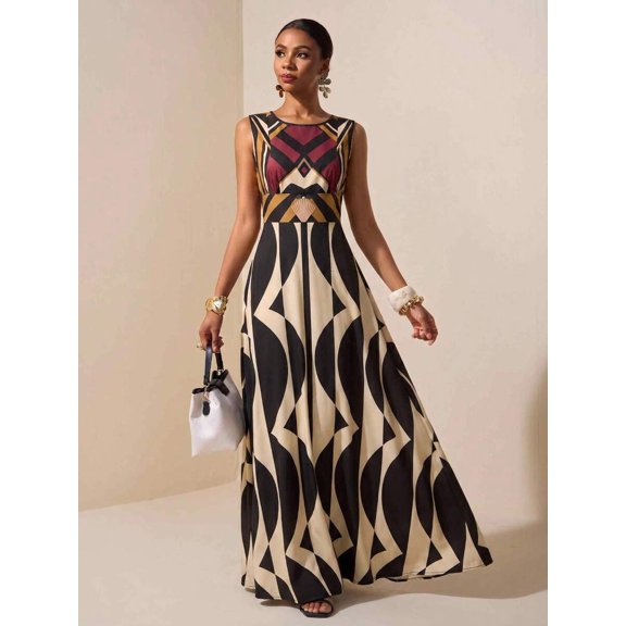 Black Geometric Print Sleeveless Maxi Dress For Summer Festival, Vacation, Beach, Street Style