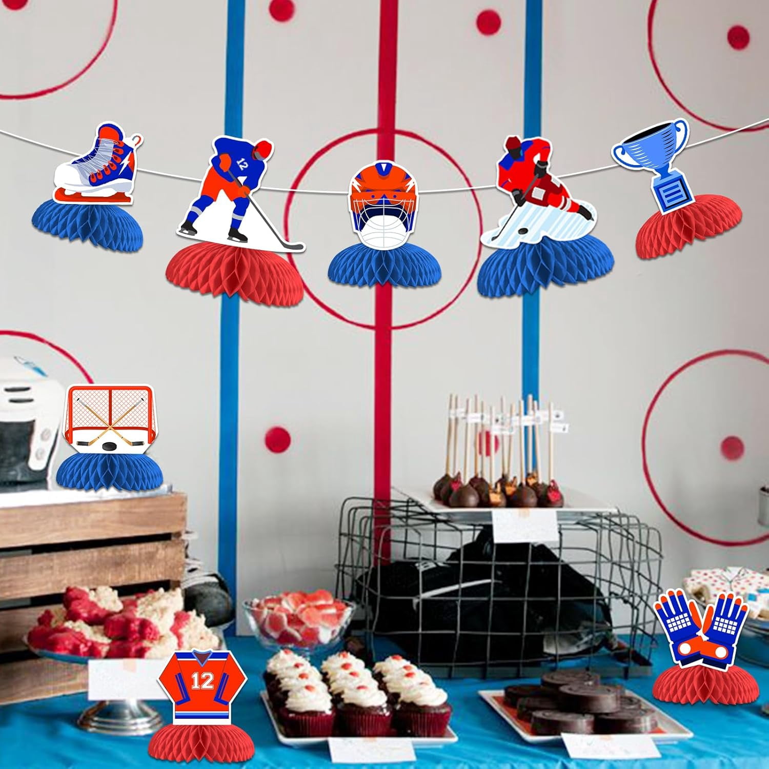 JOYMEMO 8Pcs Red Blue White Ice Hockey Honeycomb Centerpieces, Hockey Table Decorations for Men Boy Birthday Baby Shower Fans Gameday Party, Ball Sports Gifts School Home Decor Supplies