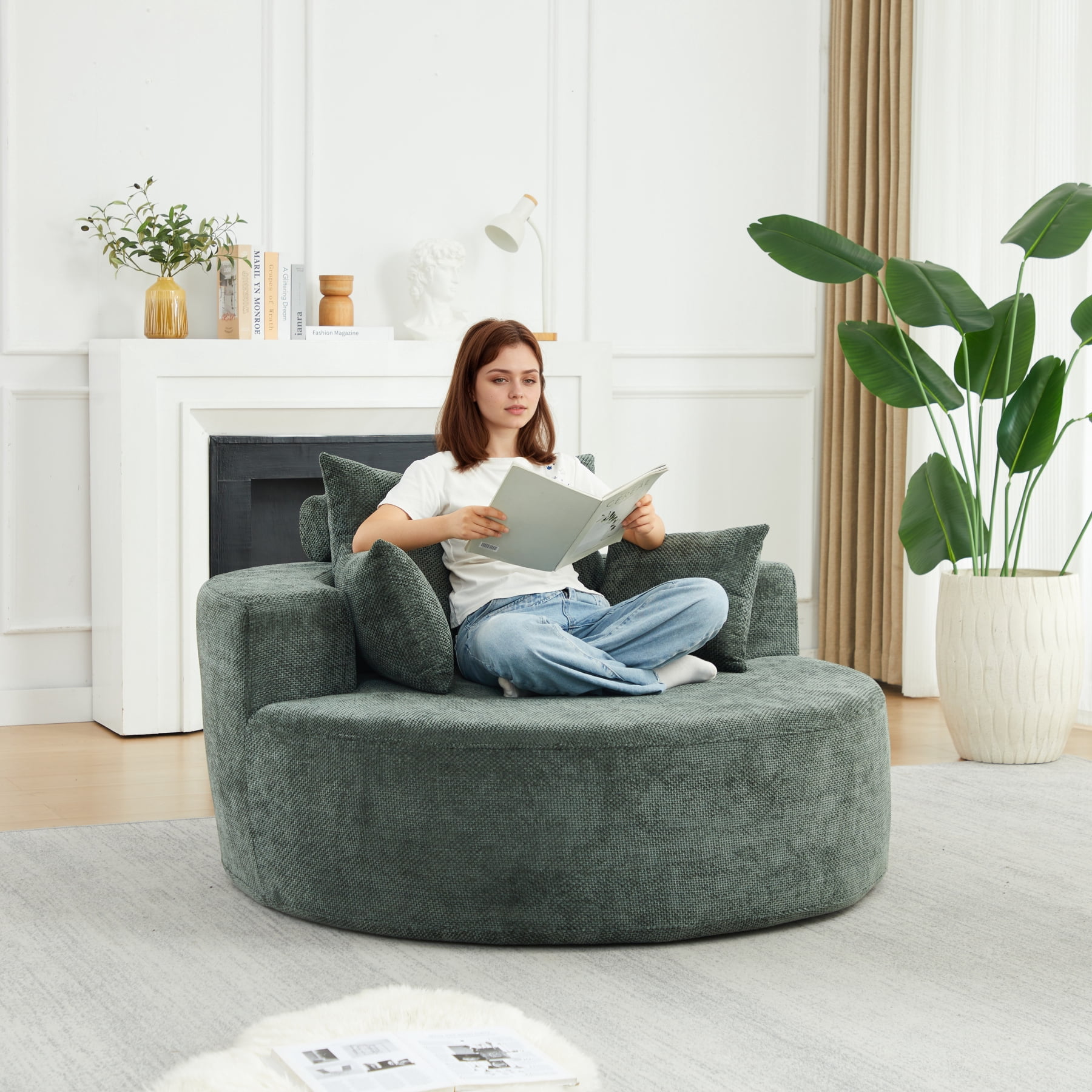 Leumius 55'' Oversized Round Chaise Longue Chair,Upholstered Chenille Single Cloud Circle Sofa Chair with Deep Seat,Fluffy Modern Sleeper Sofa Bed for Reading,Living Room,Bedroom,