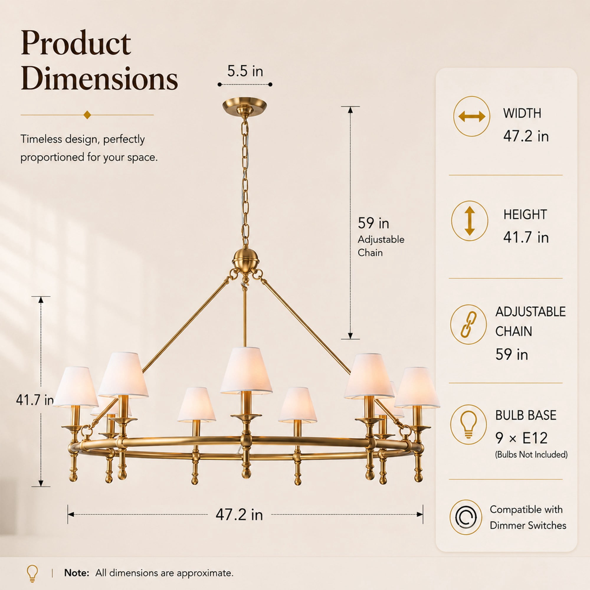 47” Extra Large 9-Light Vintage Brass Chandelier with White Fabric Shades – Classic Pendant Ceiling Light for High Ceilings, Dining Room, Foyer, Entryway