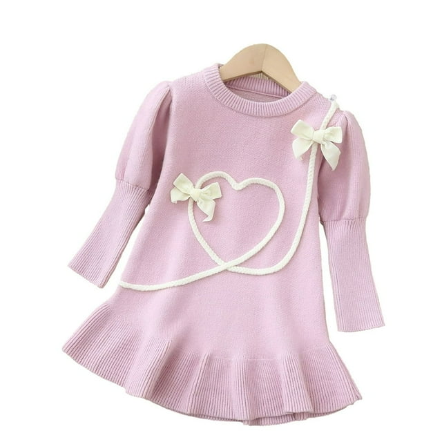 Robe d'Amour pour Bébés et Tout-Petites Filles, Robe Chandail Automne Hiver, Doux Vent, Nœud, Col Ras du Cou, Robes Décontractées pour 1-5 Ans