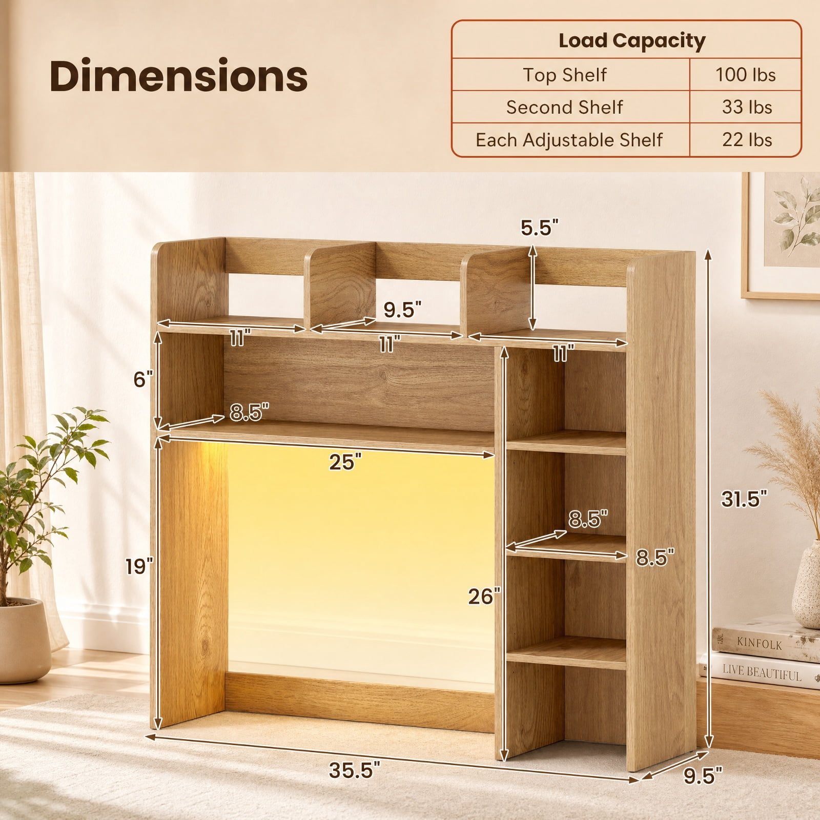 Furnibear Desktop Bookshelf with LED Lights 35.5 Inch Wood Desk Hutch Storage Organizer with Adjustable Shelves and Remote, Natural