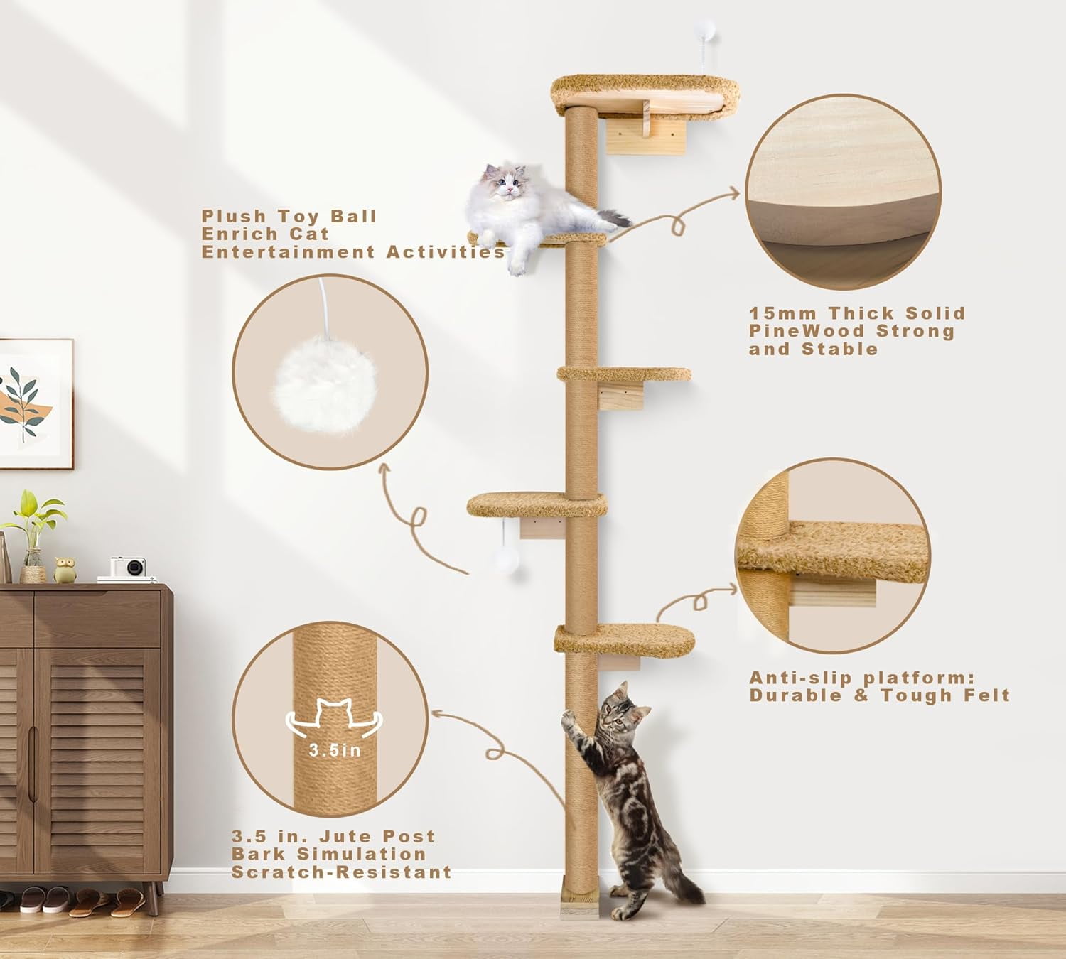 5-Tier Tall Cat Tree for Kittens, Floor to Ceiling Wall Mounted Cat Wall Shelves with Brown Plush Pads, Adjustable Wild Simulation Cat Tower for Climbing, Scratching & Lookout
