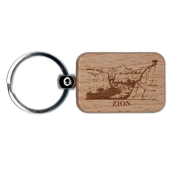 National Park Zion Rectangle Keychain Charm Tag - Engraved Wood
