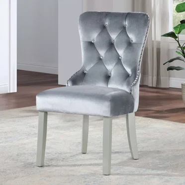 Gray Uphostered Acrylic Button Tufted Set of 6pc Side Chairs Wingback Design Nailhead Trim Dining Room Furniture