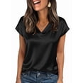 thumbnail image 3 of Women Silk Satin Tops Cap Short Sleeve Blouse V Neck Shirts Business Casual Outfits Black L, 3 of 7