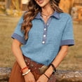 thumbnail image 6 of Miluxas Women's Summer Short Sleeve Tops Button-Up Collared Shirts with Linen and Denim Contrast Collar Trendy Business Casual Tunic Blouse Light Blue, 6 of 8