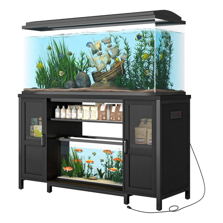 55-75 Gallon Fish Tank Stand with Power Outlets, 55 Heavy Duty Metal  Aquarium Stand for 2 Fish Tank Accessories Storage, Suit for Turtle Tank,  Reptile Terrarium, 880lbs Capacity, Black 