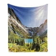 thumbnail image 1 of Glacier National Park Soft Flannel Fleece Throw Blanket, Peaceful Nature Scene from Montana Mountains Lake and Sun in Sky, Cozy Plush for Indoor and Outdoor Use, 60" x 80", Multicolor, by Ambesonne, 1 of 6
