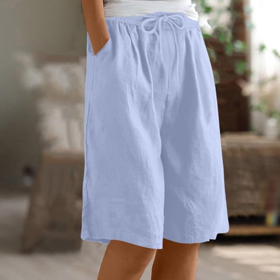 ClodeEU Women's Linen Blend Knee Length Shorts,Casual Summer Bermuda Pants Light Blue,Womens Plus XXXL