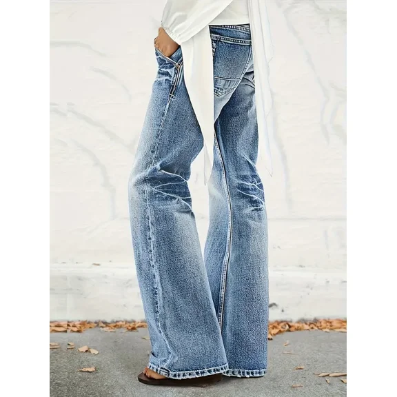 High-waisted, washed, and bleached jeans with a lightning pattern design, loose and slightly flared.