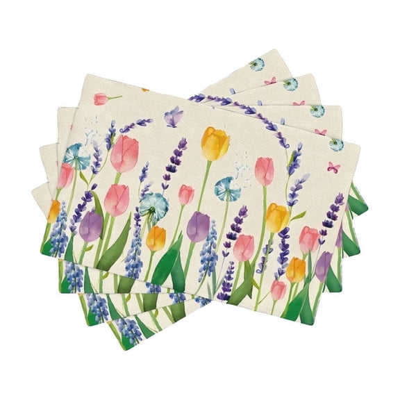 Lavender Tulip Placemats Set of 4,12x18 Inch Washable Linen Table Mats for Spring Summer Kitchen Dining and Farmhouse Decor
