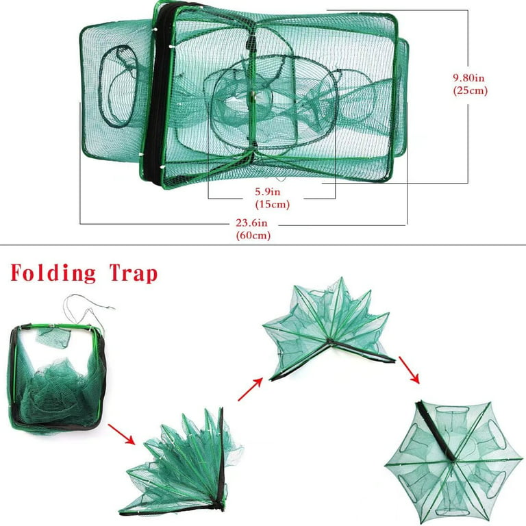 Drasry Fishing Bait Trap 6 Hole Fish Minnow Crayfish Crawdad Shrimp Foldable Cast Net Collapsible Dip Cage, Size: 6 Holes, Green