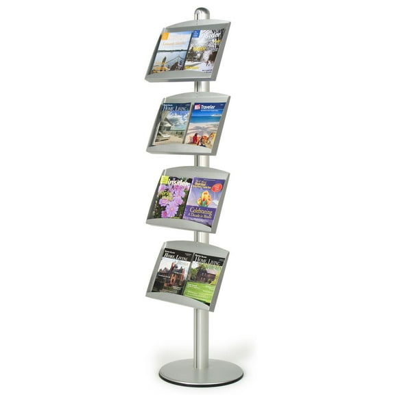 Silver Brushed Aluminum Brochure Stand With 4 Steel Pockets That Accommodate Various Size Literature, 18-1/4 x 73 x 18-Inch, Free-standing, Height Adjustable, Slant-back Pockets (BP4LH)