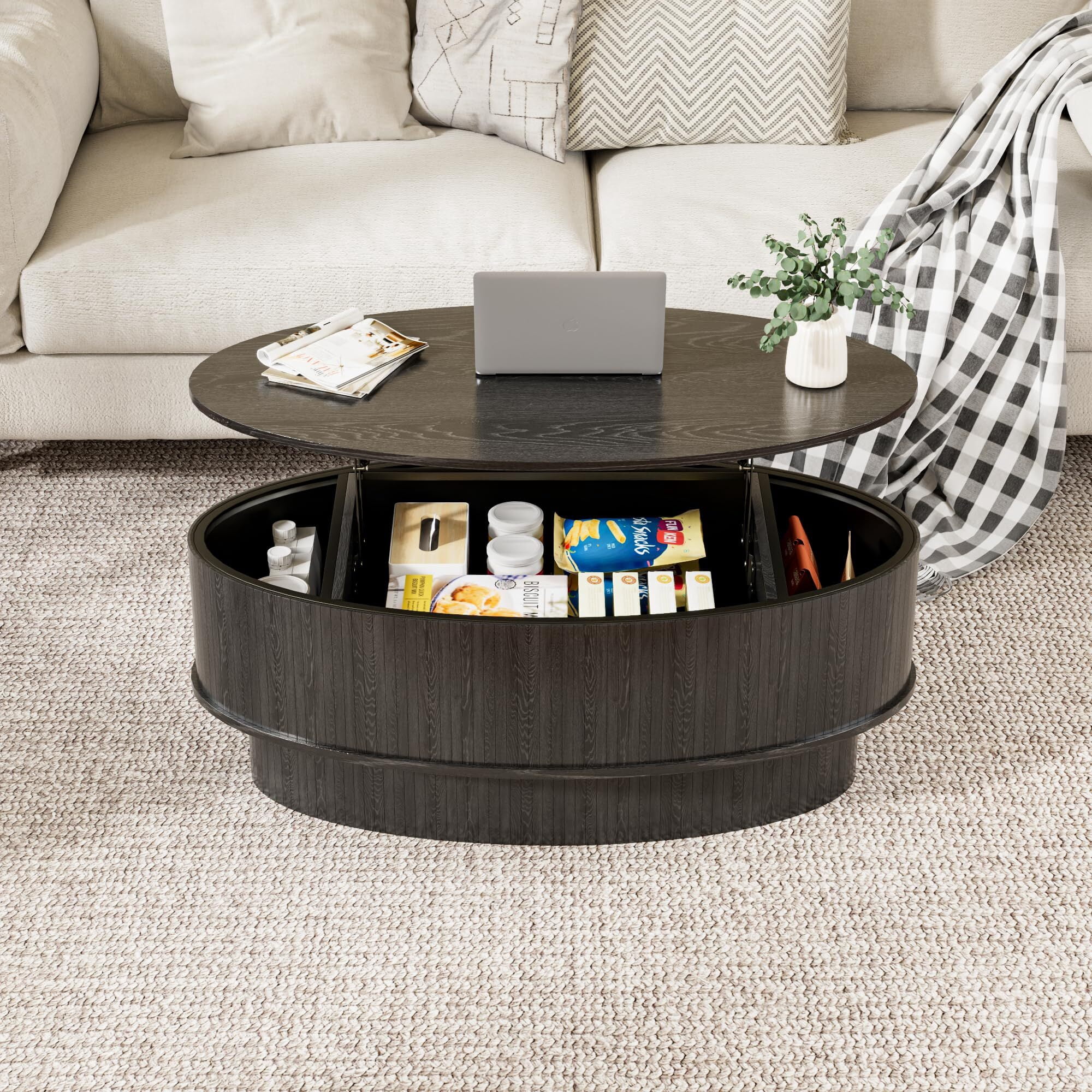 JEJEGORICH Oval Lift Top Coffee Table with Hidden Storage, 41 in Wooden Mid Century Modern Living Room Center Table, Black