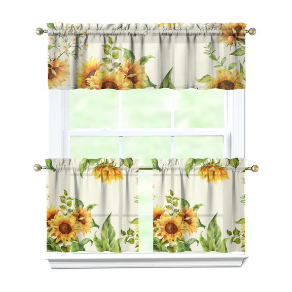 Kitchen Curtains 24 Inch Short - 3 Panel Set, Boho Sunflower Butterfly Floral Print, Rod Pocket Window Curtain for Rustic Farmhouse, Country Vintage Summer Decor, Easy Wash
