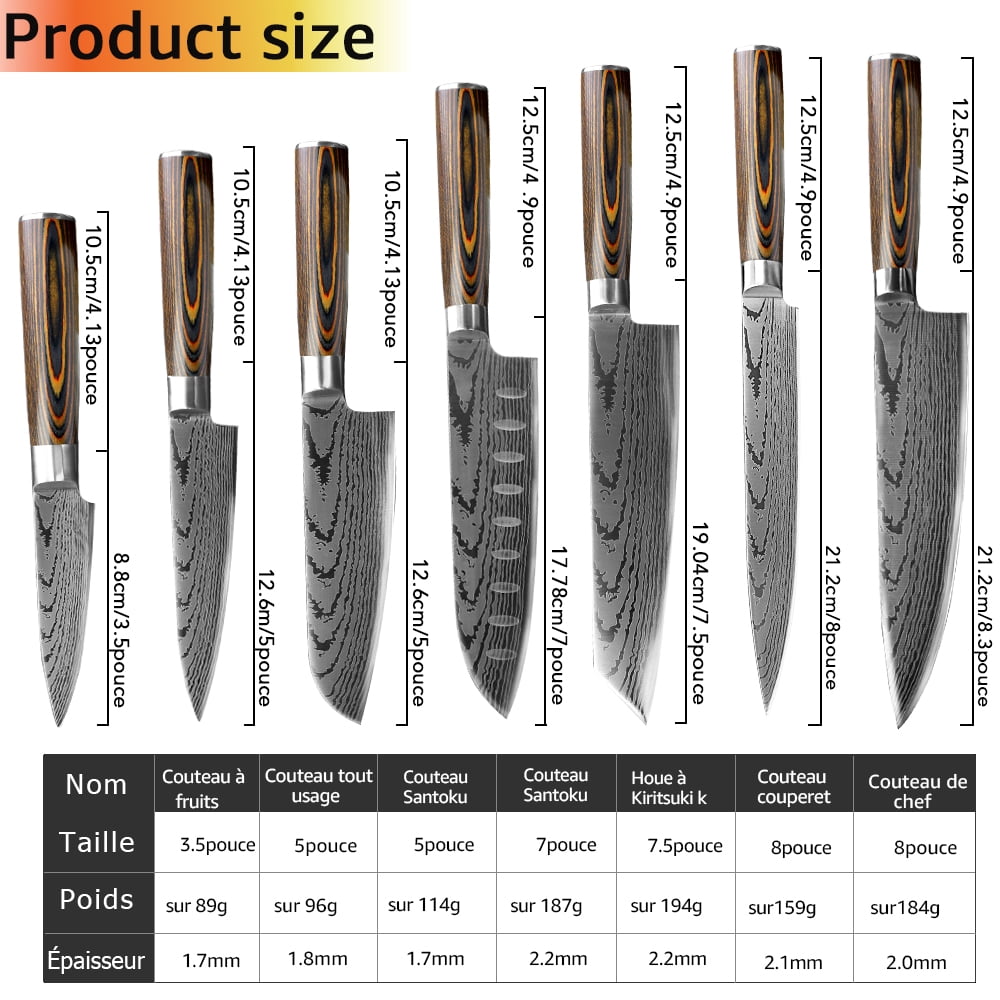 7Pcs Kitchen Knives Set, High-Carbon Steel Damascus Laser Chef Knife with Ergonomic Wooden Handle,Sharp Cutting Knives for Cooking