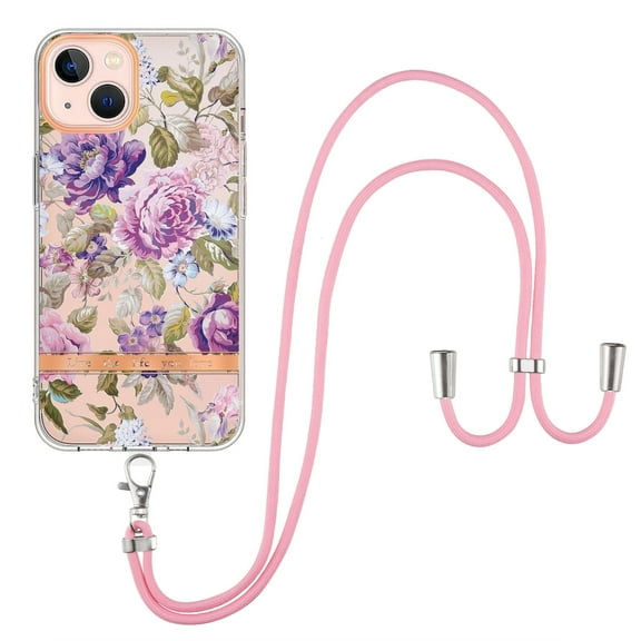 Flower Pattern Case for iPhone 14, Detachable Shoulder Strap Lanyard Crossbody Slim Lightweight Cover with Soft Silicone Shockproof Drop Resistant Case for iPhone 14,Purple Peony