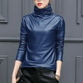 thumbnail image 2 of T Shirts for Women Casual Tops Basic Leather Solid Turtleneck Long Sleeve Blouse Tee Shirt Top, 2 of 6